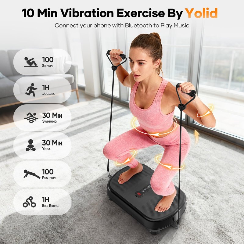 Vibrating Plate for Lymphatic Drainage, Vibration Plate Exercise Machine with Bluetooth & Silicone Pedal, Power Plate Vibration Platform for Weight Loss, Muscle Toning, with Resistance Bands