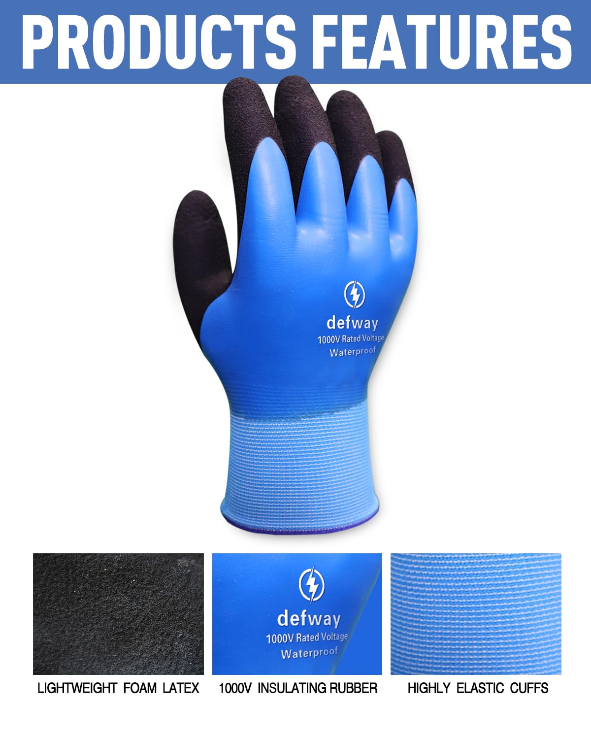 Insulated Work Gloves 1000V High Voltage Resistant Electrician Gloves Waterproof Electrical Insulated Gloves Rubber Non Slip Design (Blue, 1Pair-1000V)