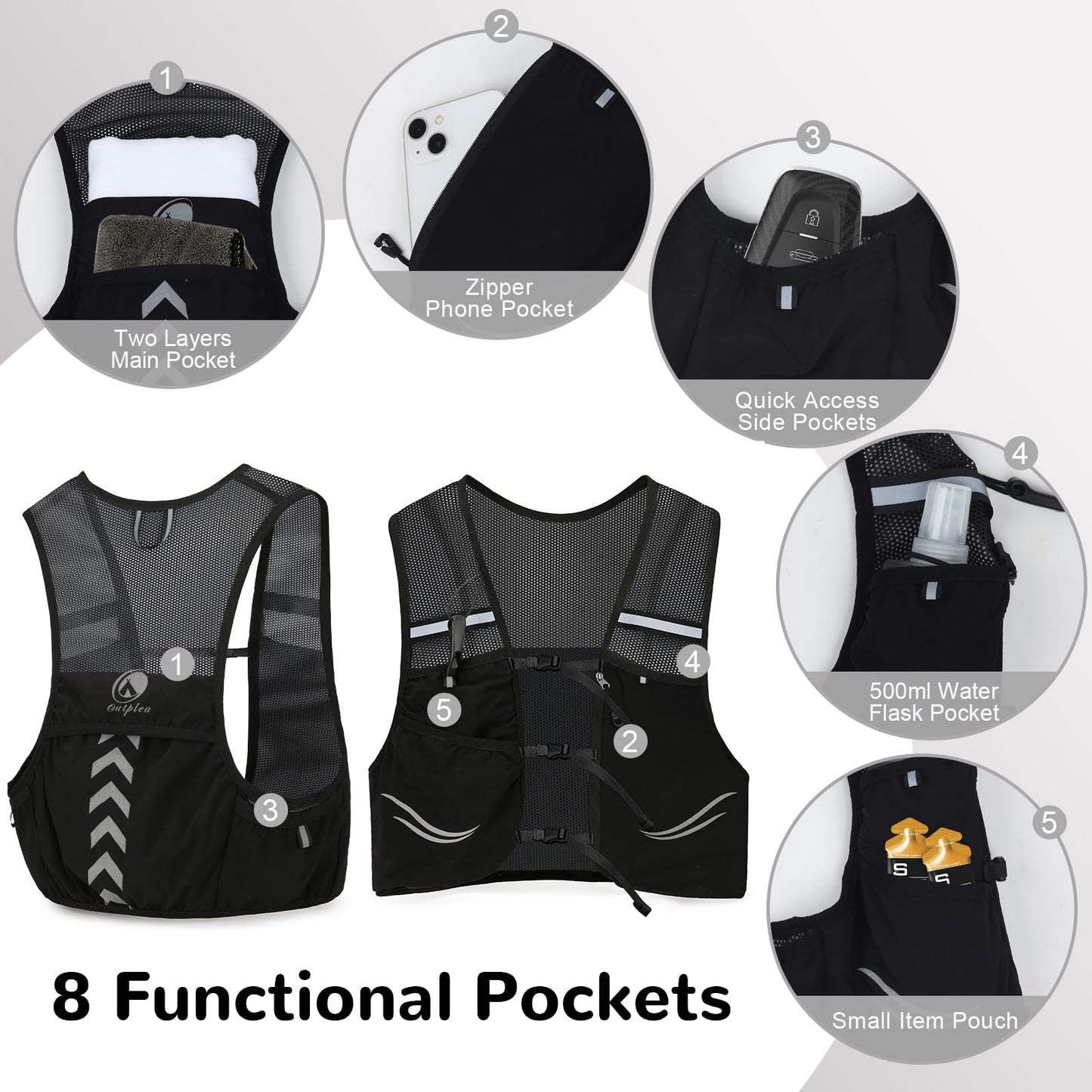 Outplea Lightweight Running Vest with 2pcs 500ml Water Bottle for Men Women, Reflective Water Vest Hydration Pack Hydropack for Hiking, M/L