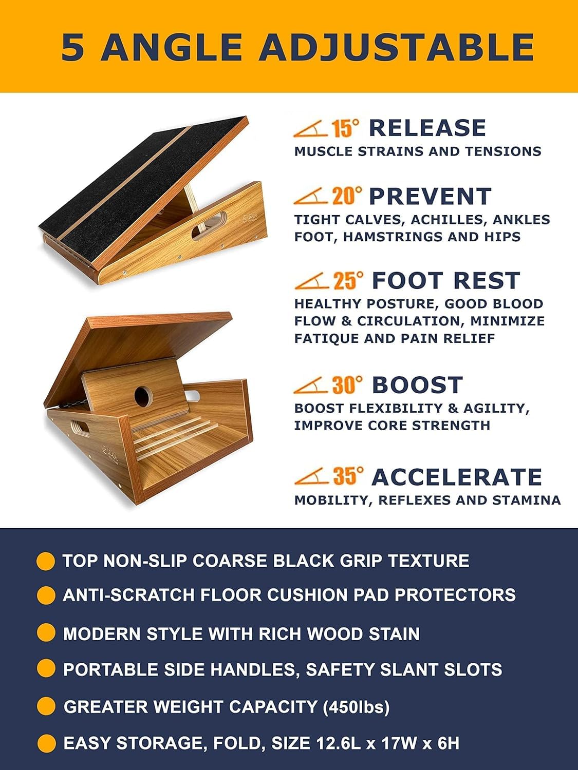 BAM Slant Boards for Exercise – Adjustable Wooden Calf Stretcher Incline Board for Calf Stretching, Squats, Plantar Fasciitis, Achilles, Knee, Foot & Ankle Rehab, Velour Slant Board