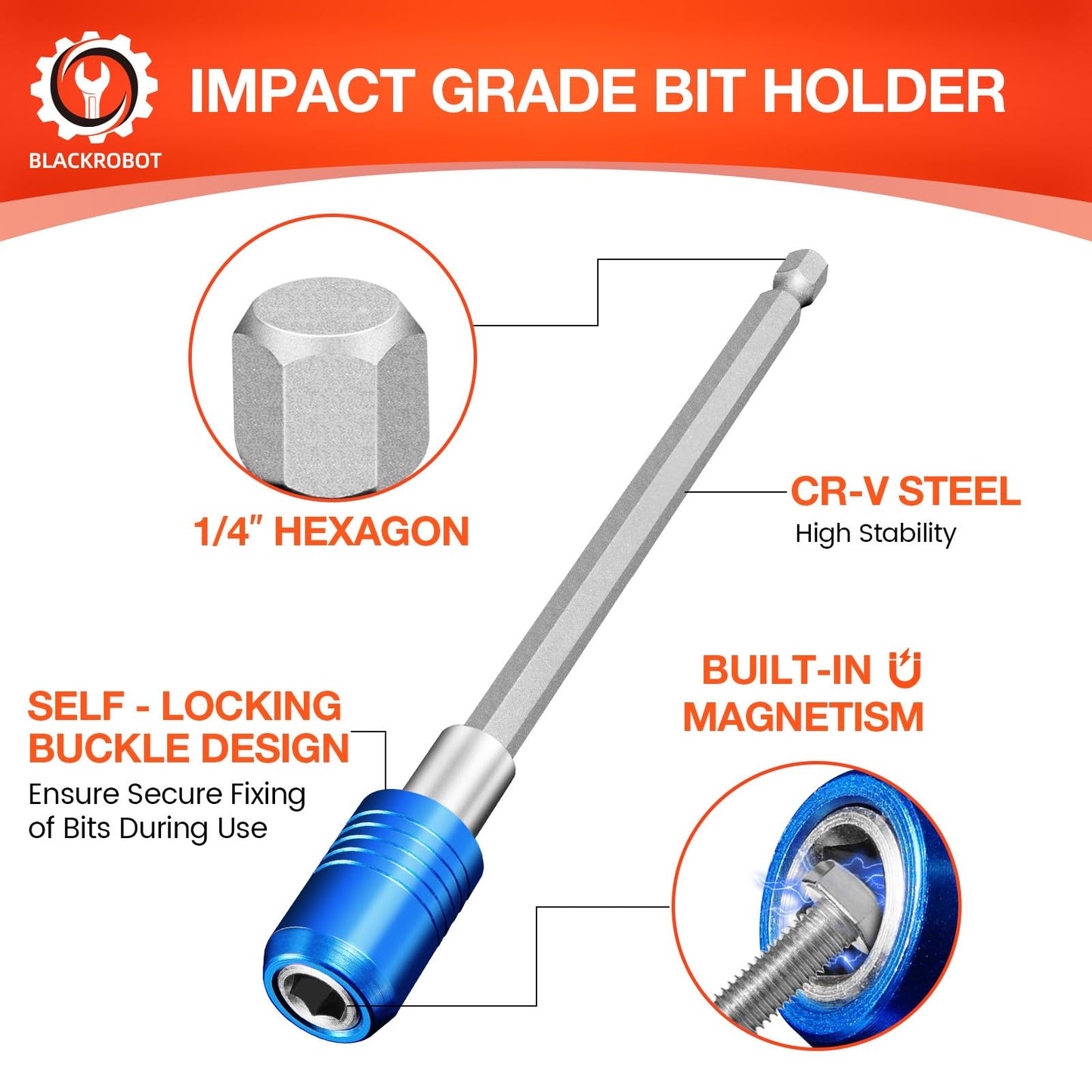 BLACKROBOT 3-Piece Magnetic Quick Change Impact Bit Holder, Drill Bit Extension for 1/4" Hex Drives, 2.5/4/6 Inch Length, Ideal for Screwdriver Bits, Nuts, Drills and Socket Driver Adapters