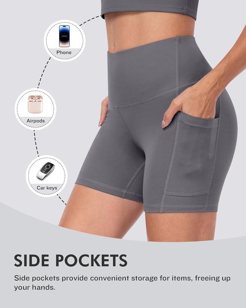 CHRLEISURE Women's Biker Shorts - High Waisted Tummy Control with Pockets | 5-Inch Spandex Workout Shorts