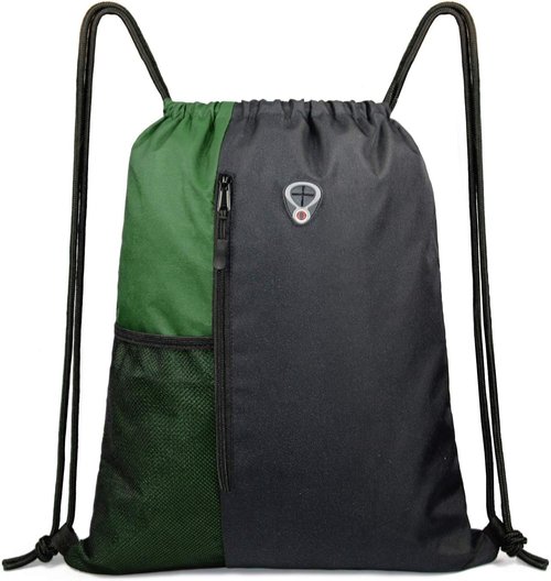 BeeGreen Drawstring Bag - Large Cinch Sackpack with Zipper & Water Bottle Mesh Pockets | Black/Green