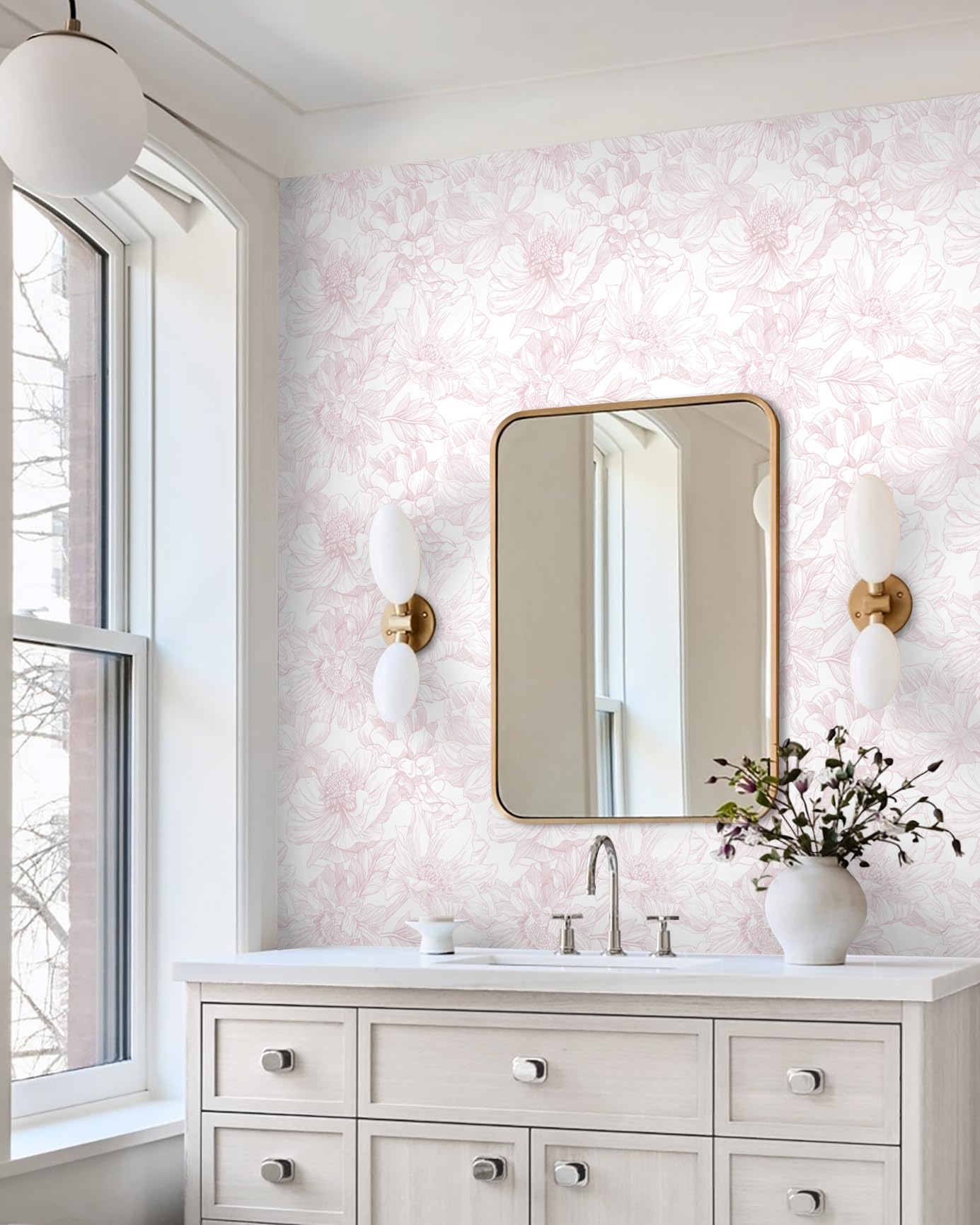 Dimoon 78.7"x17.3" Peel and Stick Wallpaper Floral Contact Paper Boho White Pink Flower Wallpaper Removable Wall Paper Self Adhesive Modern Contactpaper for Cabinets Drawers Bedroom Thicken Vinyl