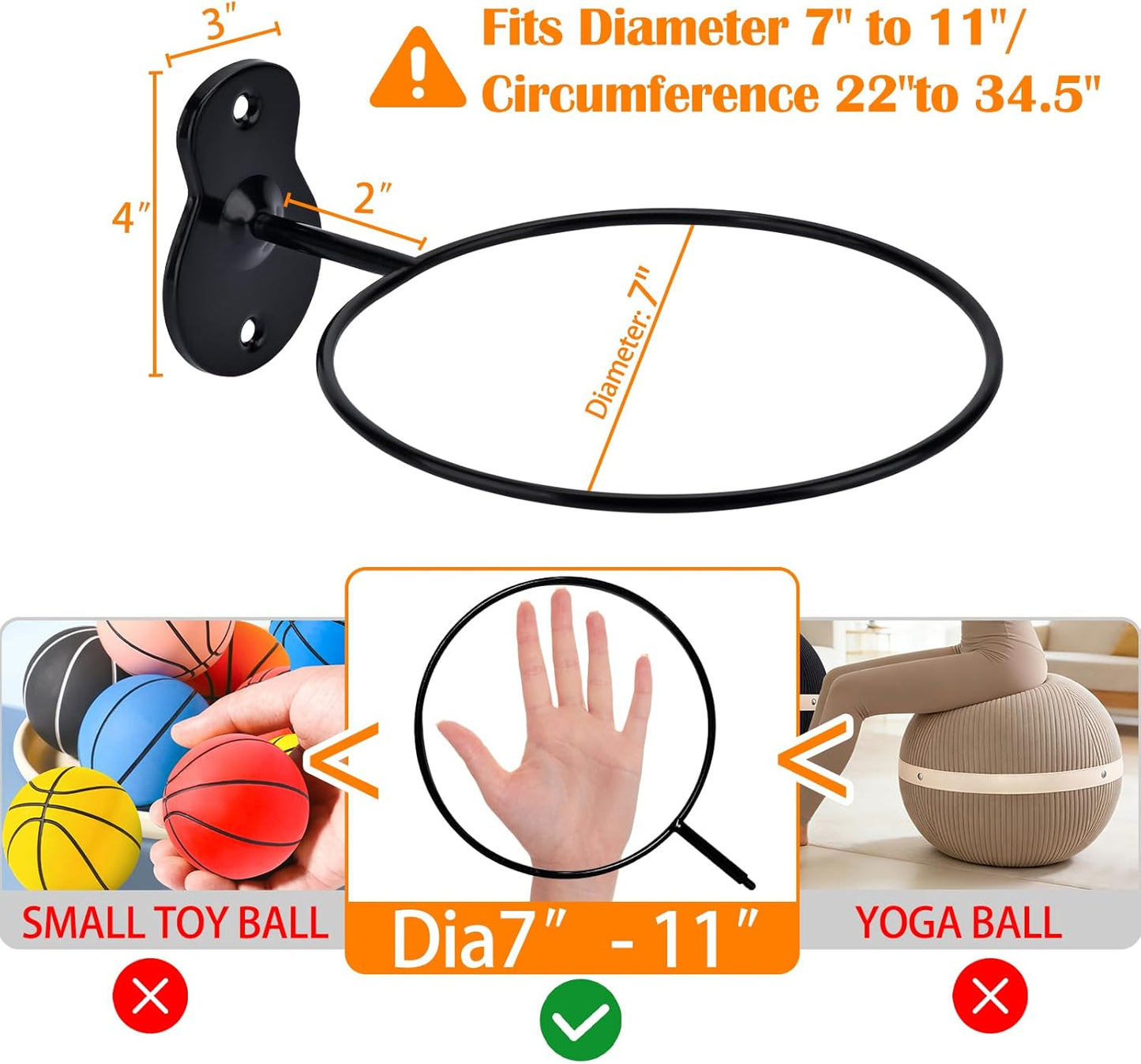 Skiennix Basketball Holder Wall Mount - 7-Inch Metal Ball Storage Rack for Basketball, Football & More | 2-Pack