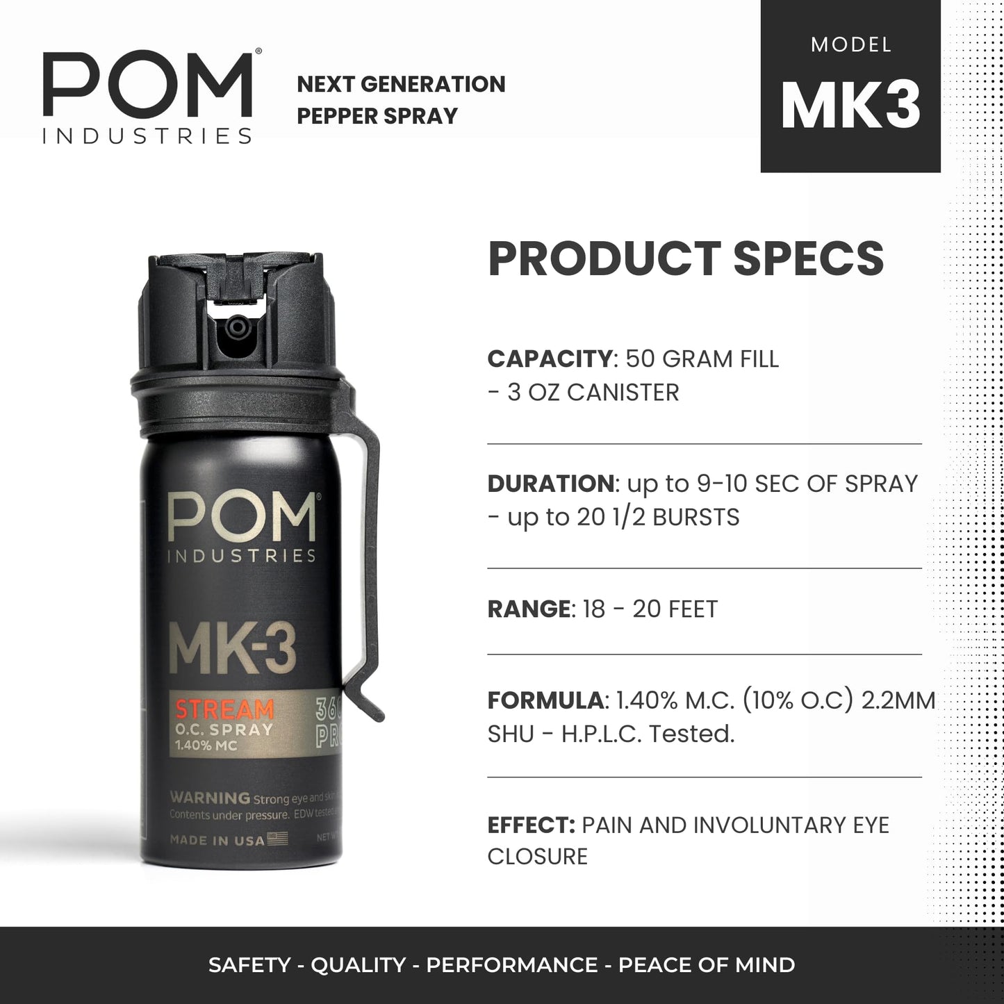 POM MK3 Pepper Spray, Belt Clip Model, Maximum Police Strength OC with UV Marking Dye, Quick Flip Top Safety, 360° Performance At Any Angle, Powerful Accurate Stream, 18 ft Range, 1.8 fl oz, 3 Pack