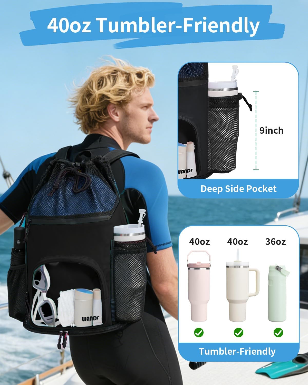 WANDF Swim Bag - Sandproof Beach Backpack with Wet Pockets & 40oz Tumbler Holder | Black