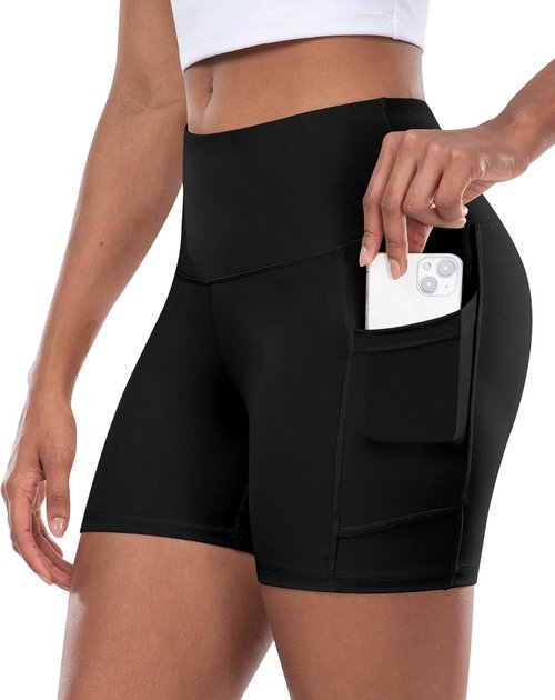 CHRLEISURE Women's High Waisted Biker Yoga Shorts - Tummy Control, 5-Inch, with Pocket