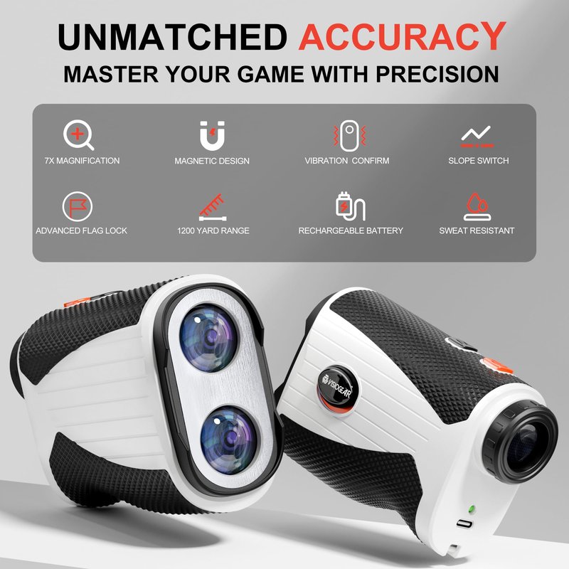 VISIOGEAR Golf Rangefinder with Slope, 1200 Yards Laser Range Finder for Golfer, 7X Magnification Range Finder Rechargeable Golf Accessories for Men, Flag Pole Locking Vibration, White & Black