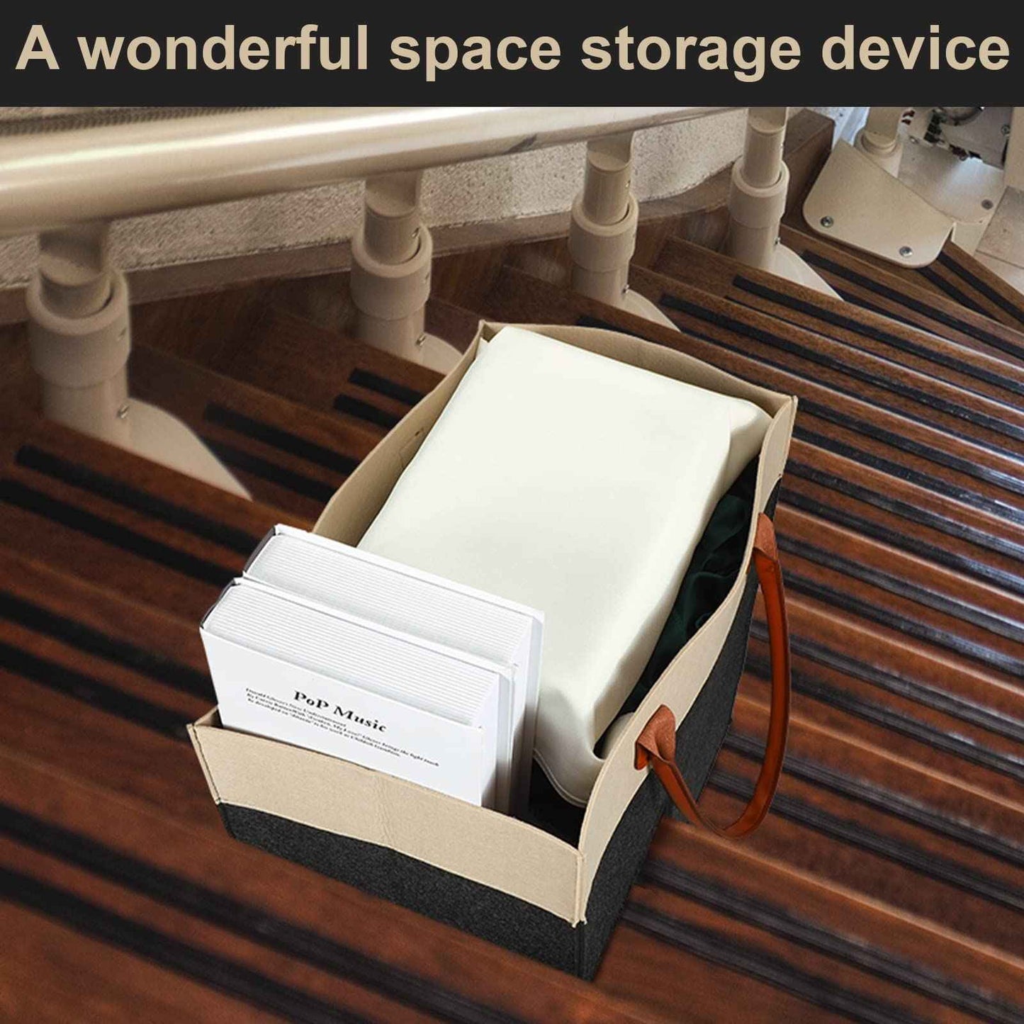 Shappy Stair Baskets with Handles and Support Panel 16 Inch Felt Step Basket for Stairs for Carpeted and Wooden Collapsible Staircase Basket for Office Home Decor