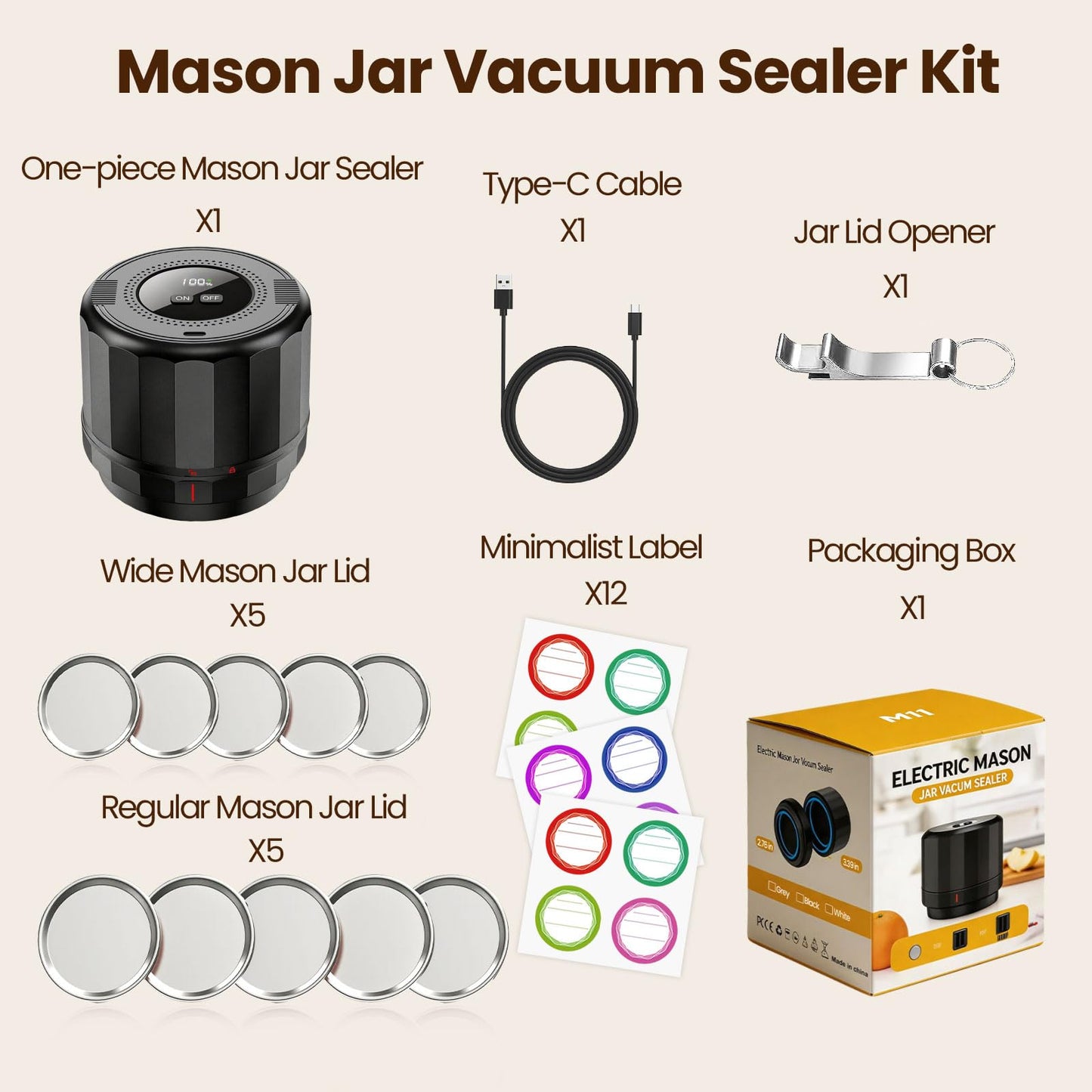 M11 Electric Mason Jar Vacuum Sealer Kit - with Wide and Regular Mouth Mason Lids, Jar Vacuum Sealer for Canning Jars, Vacuum Sealing Machine for Food Storage Black
