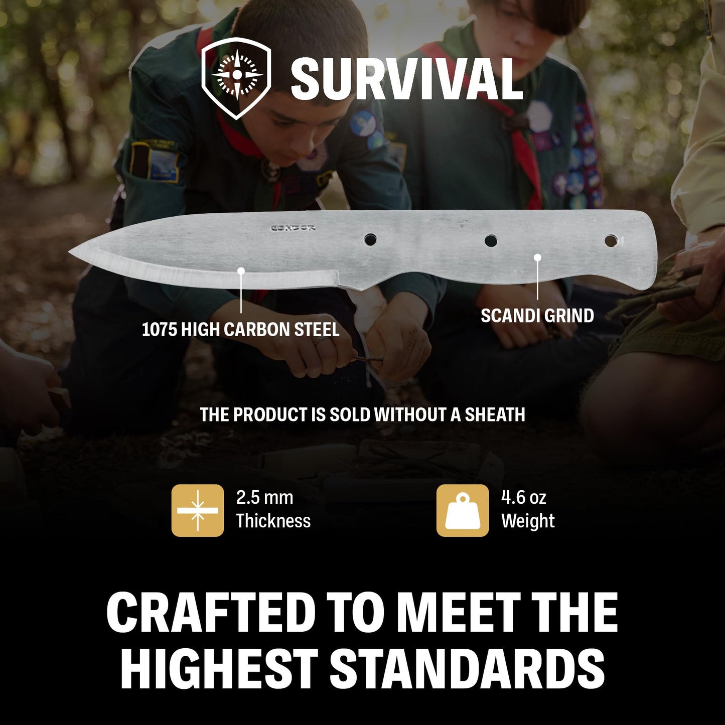 Condor Tool & Knife Bushlore Blade Blank - 1075 High Carbon Steel - Knife Blank with a Scandi Grind - Product is Sold Without Sheath - 4.3in Blade - 4.6oz