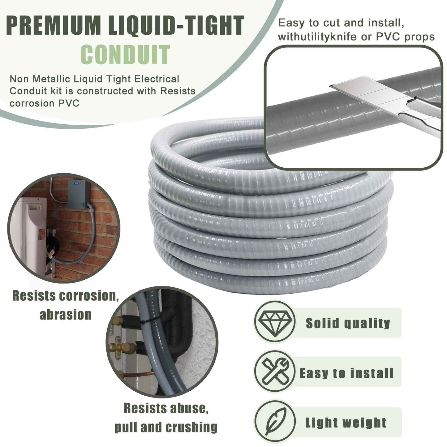 Feotech 1 Inch 5 FT Non Metallic Liquid-Tight Conduit and Connector Kit - Includes 1 Straight and 1 Angle Fittings for Electrical Wiring