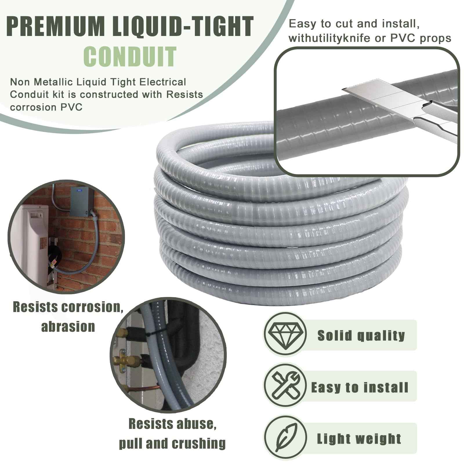 Feotech 1 Inch 5 FT Non Metallic Liquid-Tight Conduit and Connector Kit - Includes 1 Straight and 1 Angle Fittings for Electrical Wiring
