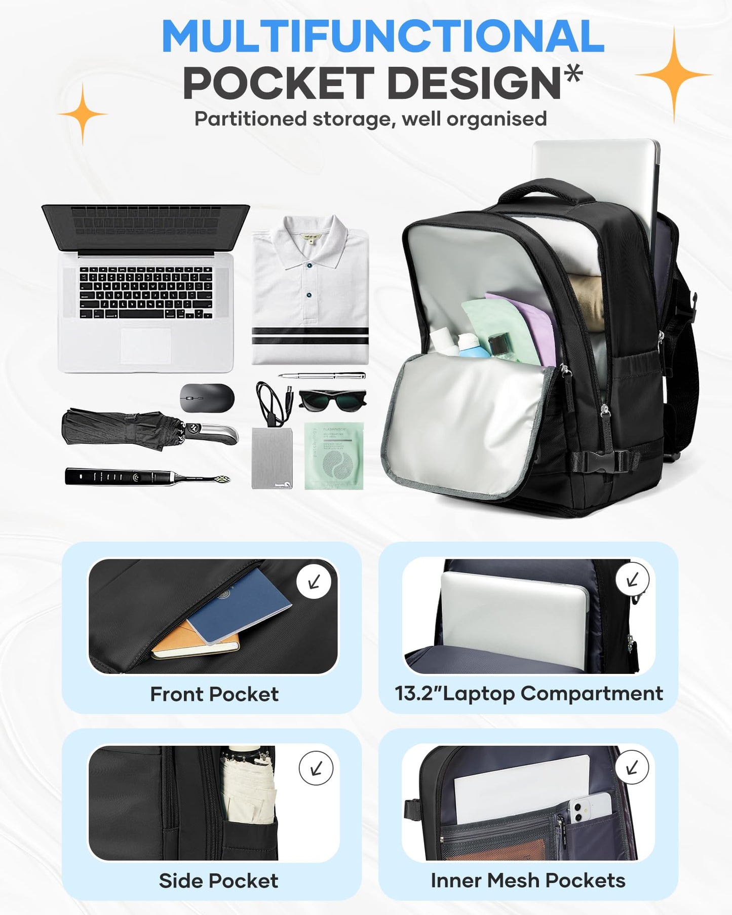 coofay Black Travel Backpack Carry on Flight Approved Mochila De Viaje Personal Item Backpack for Airlines Frontier Airlines Personal Item Bag Large Backpack for Travel Backpacks for Men Women