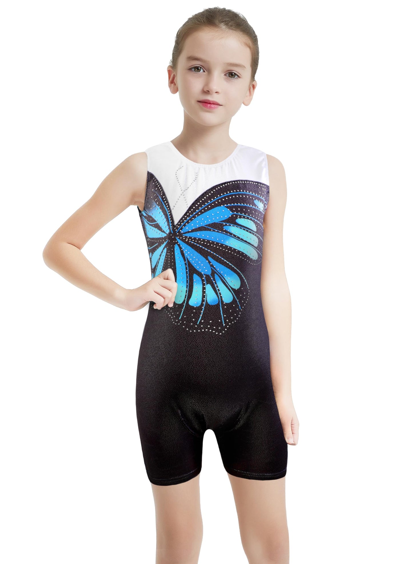 HOZIY Gymnastics Leotards for Girls Butterfly Blue Black White Spliced Biketard Tumbling Outfits Rhinestone Diamond 9-10 Years