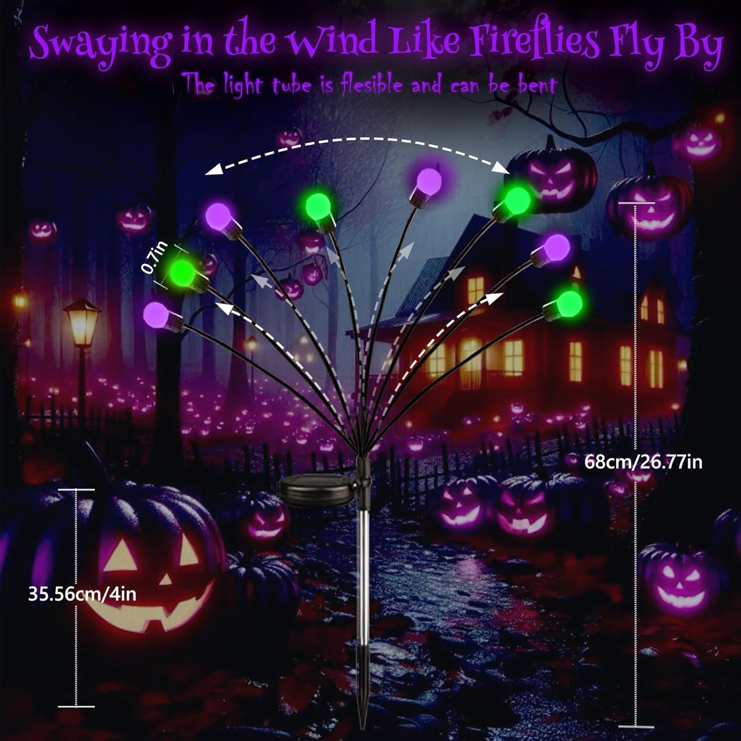 Solar Halloween Pathway Lights - 6 Pack Waterproof Firefly Decor in Orange, Purple & Green