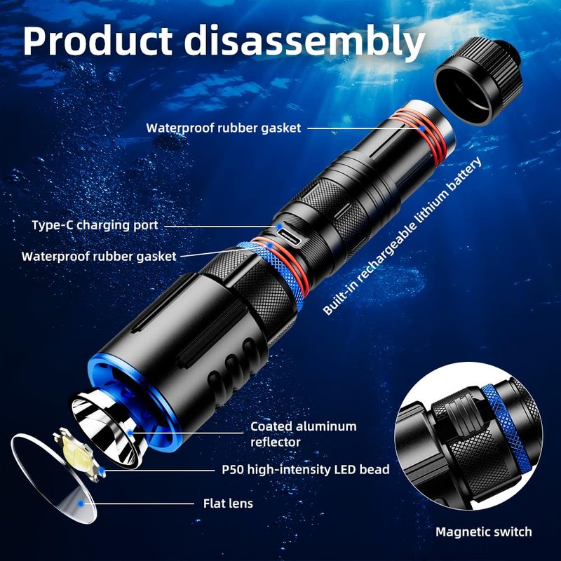 SHiLiPAi Scuba Diving Flashlight Dive Torch,High Lumens Rechargeable LED Flashlight, Underwater Scuba & Snorkeling Torch for Diving, Caving, and Emergency Use