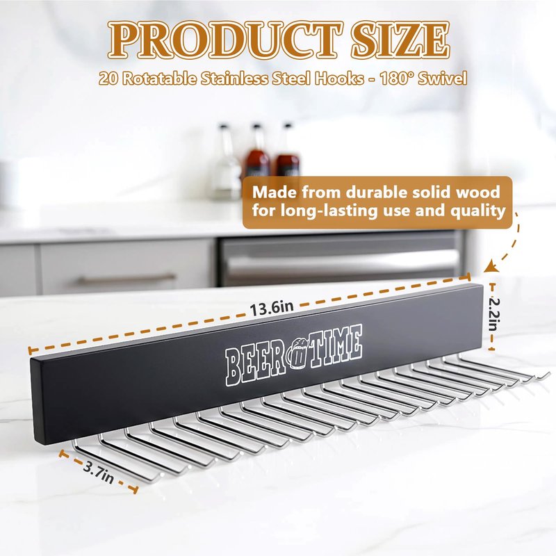 Stick on Can Cooler Holder Storage Wall Mount, Cooler Organizer Rack with 20 Rotatable Metal Hooks, Adhesive Drink Cooler Dispenser, Wooden Beer Sleeve Accessories for Fridge & Wall, Rust-Resistant