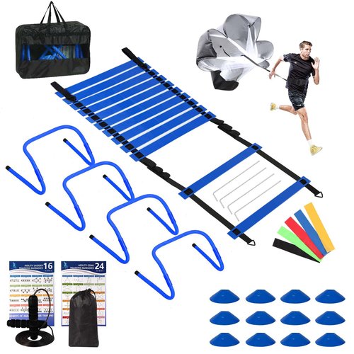 Kevirice Agility Ladder, Agility Training Equipment Set, 20ft 12 Rung Agility Ladder, 4 Agility Hurdles, Running Parachute, Jump Rope, 5 Resistance Bands, 12 Resistance Cones for Athletes, Adult(Blue)