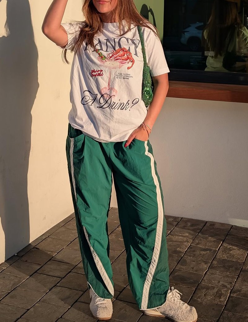 Wyeysyt Womens Wide Leg Pants Baggy Sweatpants Casual Drawstring Elastic Waist Contrast Color Y2K Track Pants(Green-M)