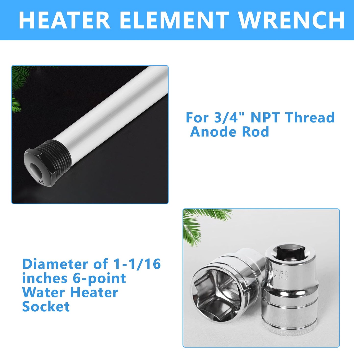 Plus tard RV Water Heater Element Socket Wrench 1-1/16 Inch Socket for Anode Rod with Sealing Tape 1/2-Inch Drive 6-Point Water Heater Socket for RV, Camper Travel