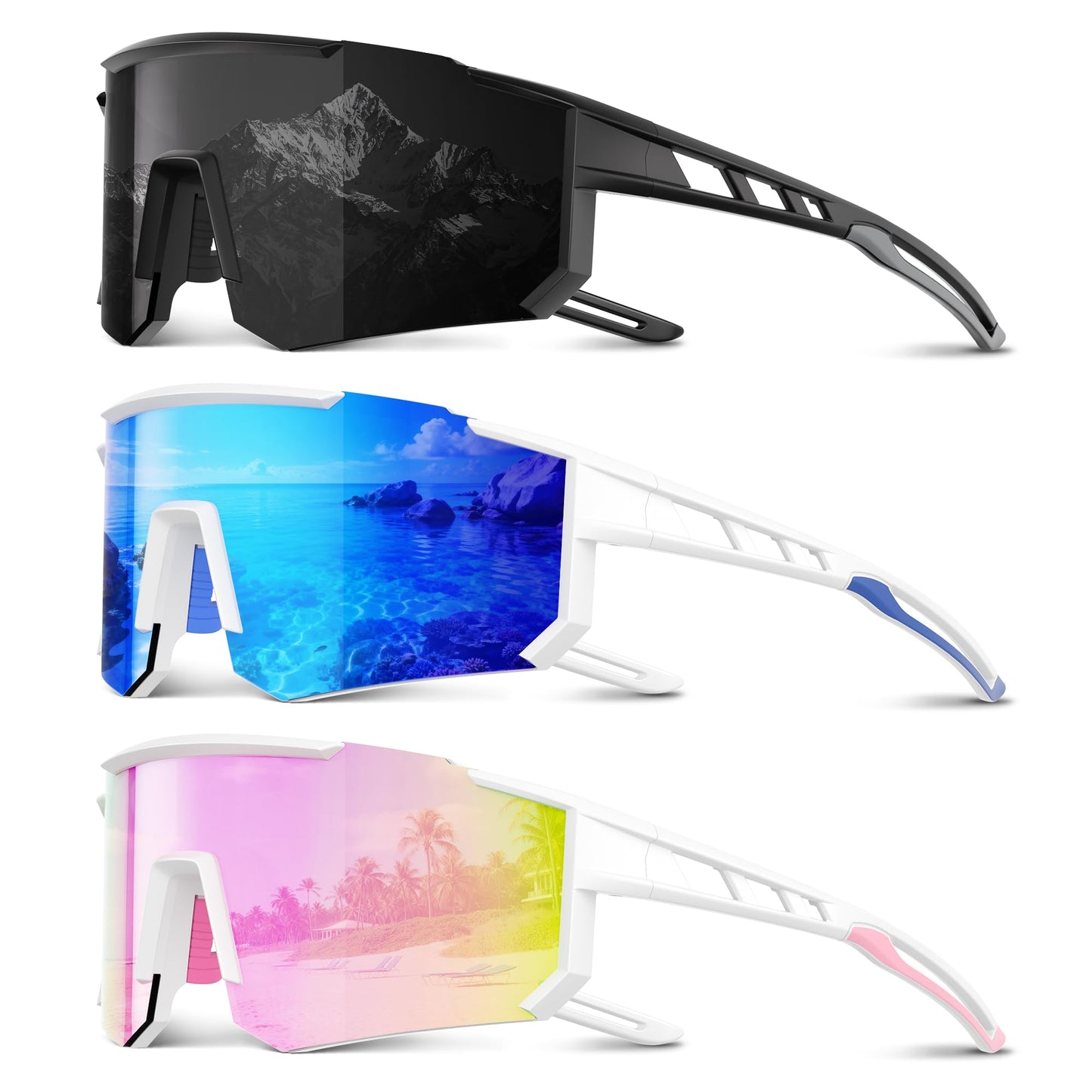 Foliful 3 Pack Polarized Sports Sunglasses Men Women, Running Mens Sunglasses UV Protection for Baseball Cycling Fishing, Grey/Ice Blue/Pink