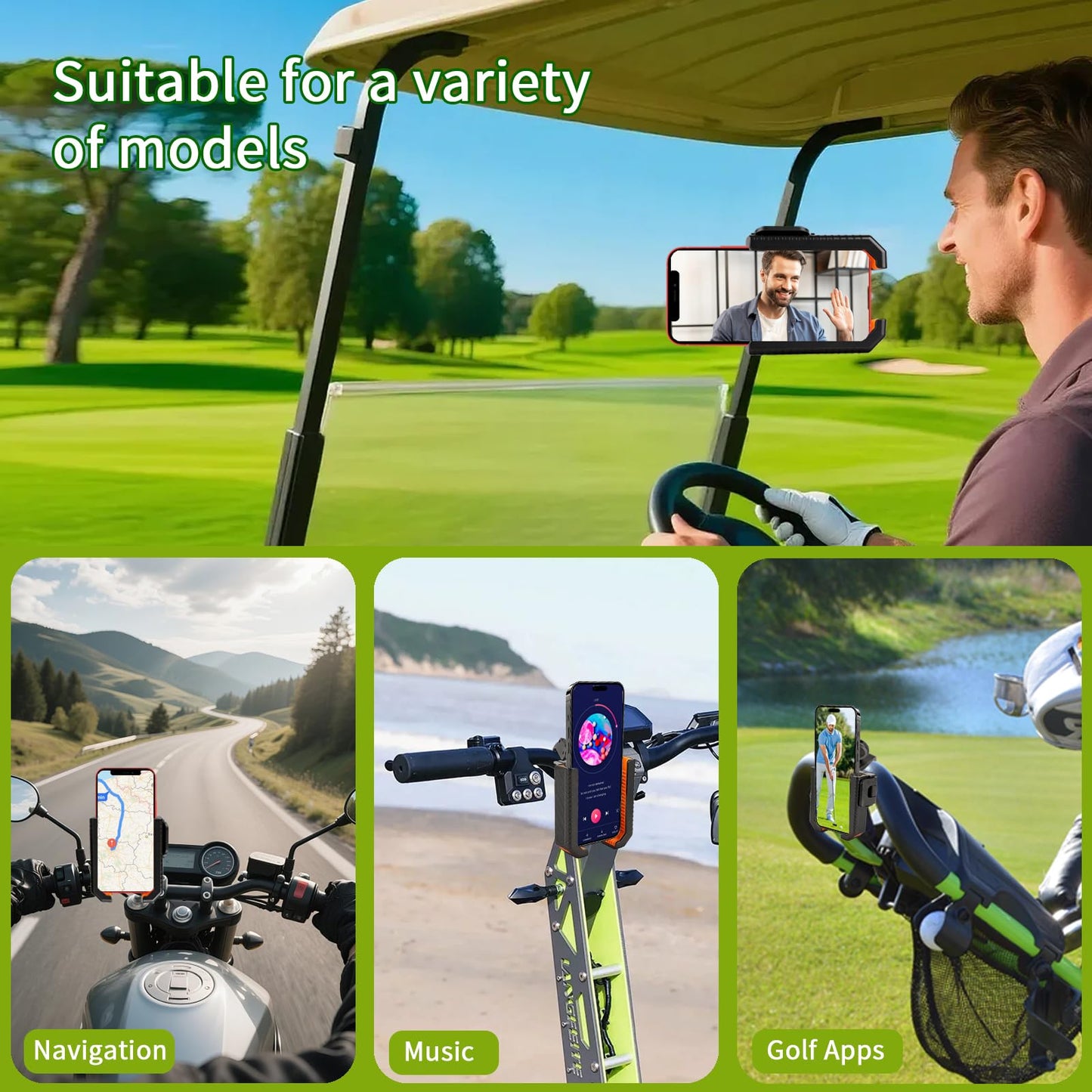 Loxnzify Golf Cart Phone Holder Mount-360° Rotation,Ultra-Stable Grip for All Phones, No Metal Needed,Includes Sunglasses Holder for Golf Cart,Perfect for Outdoor Sports (Black＆Orang)