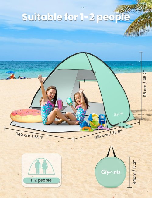 Glymnis Beach Tent - Portable Sun Shelter for 1-4 Persons with UPF 50+ Protection | Easy Setup with Zipper Door