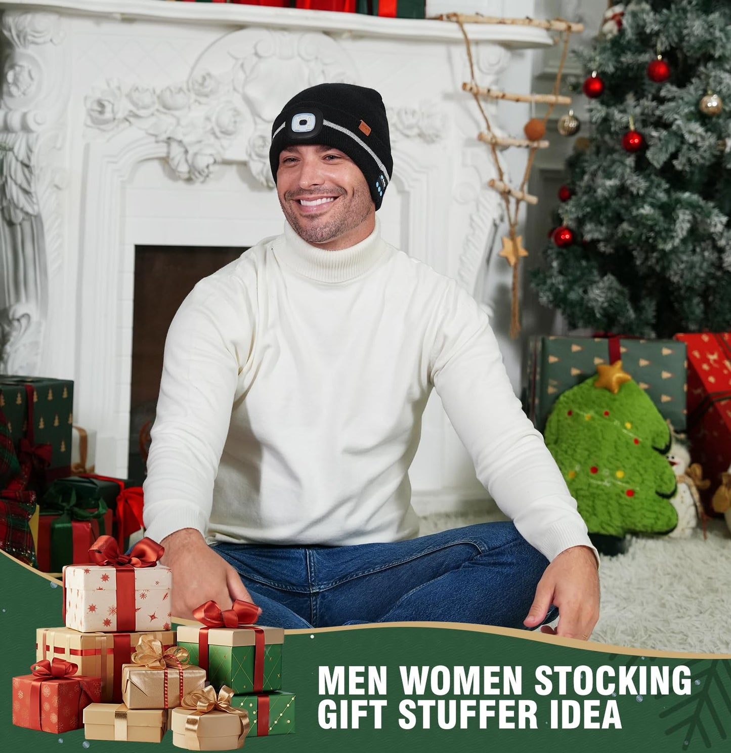 Wmcaps Reflective Stripe Bluetooth Beanie with a Light High Visibility Winter Hat with Light and Speakers Gifts for Men Dad Fluorescent Yellow