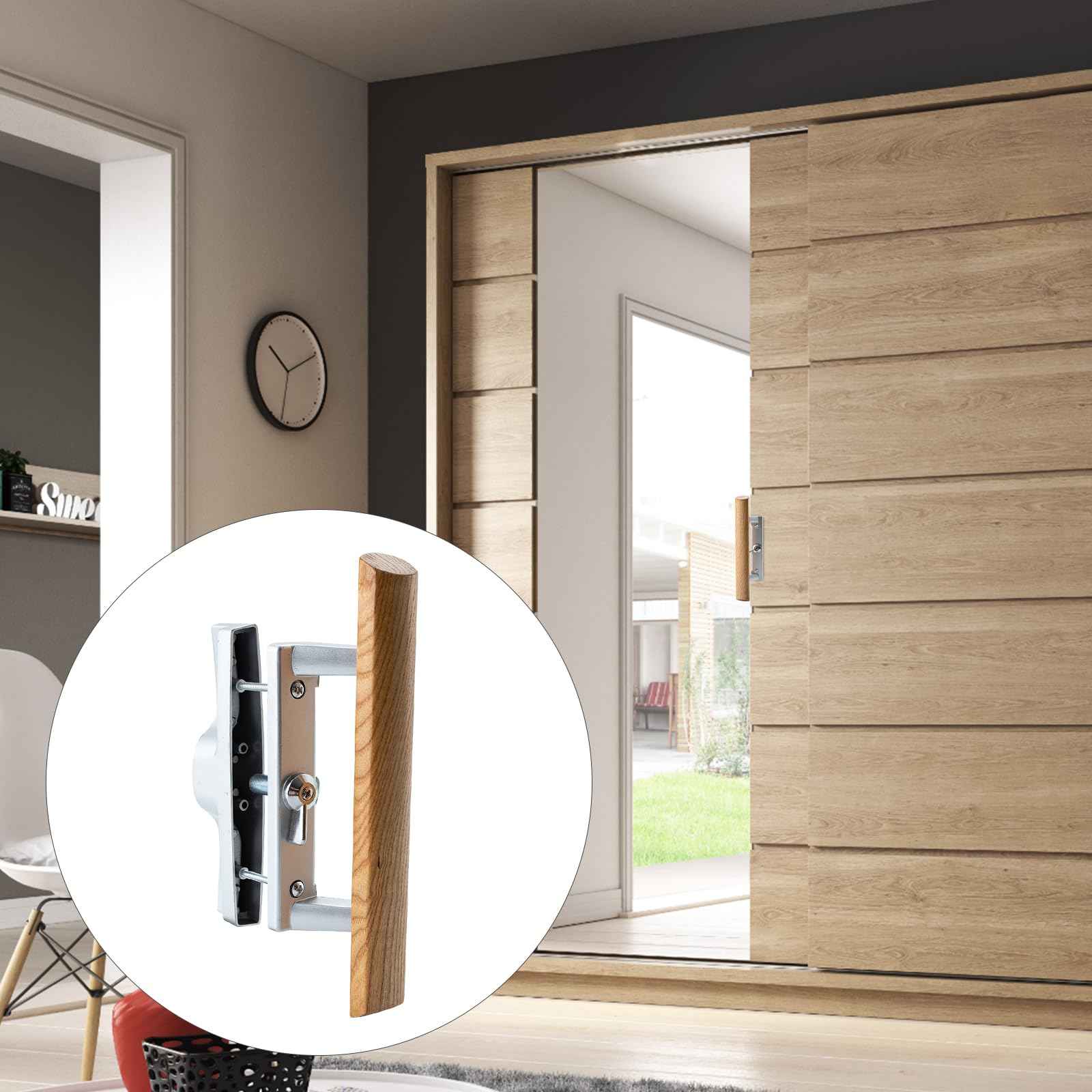 HOME MASTER HARDWARE Patio Sliding Door Handle Set, Non-keyed Sliding Screen Door Handles with Wood Handle, Sliding Door Hardware Fits 3-15/16" Hole Spacing