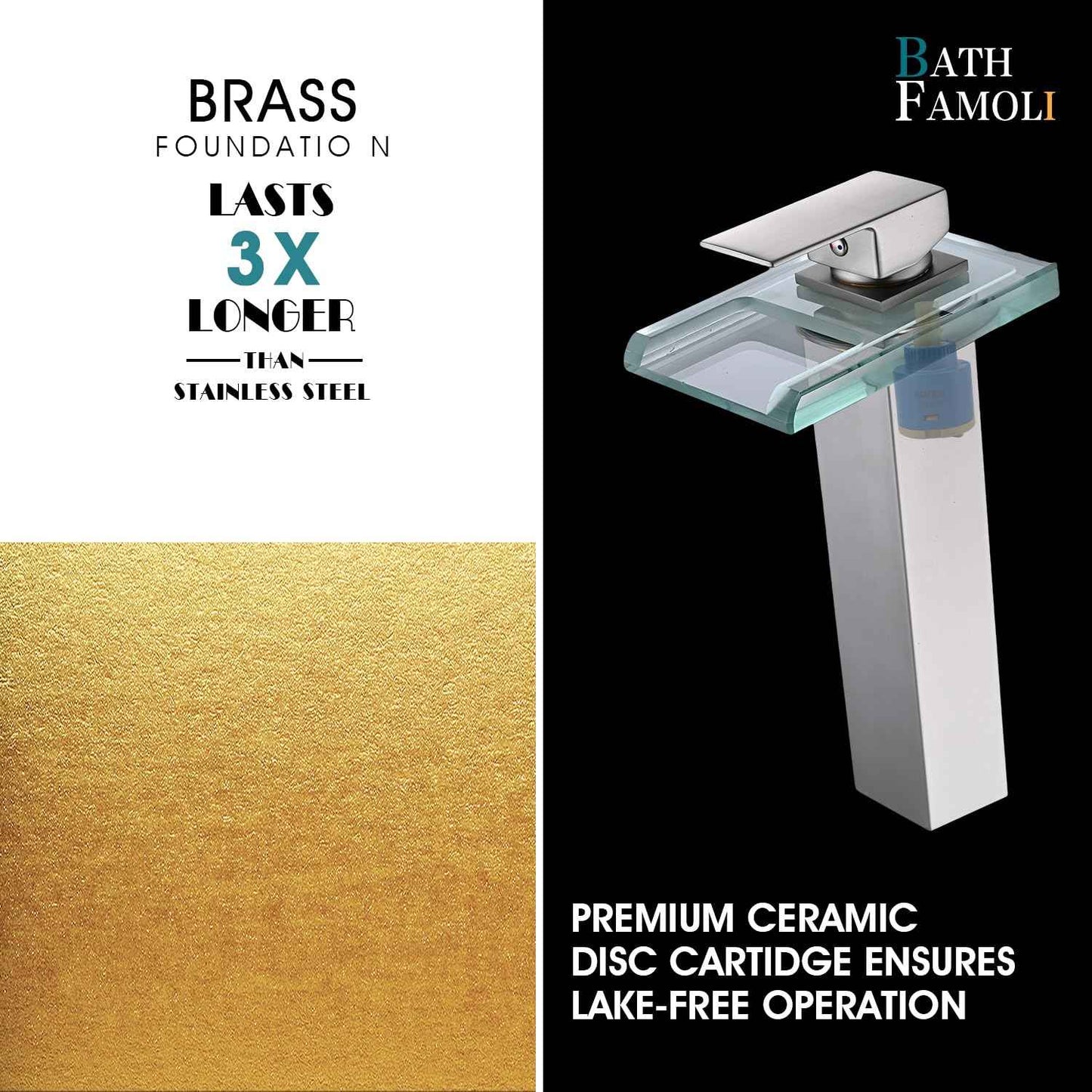 BATH FAMOLI LED Bathroom Sink Faucet, Tall Vessel Sink Faucet, Waterfall Single Handle 1 Hole and 2 Water Supply Lines, Brass Faucet with Open Glass Spout (Tall, Brushed Nickel)