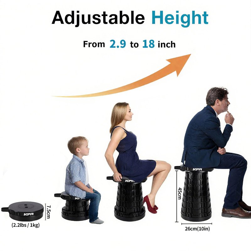 KPR 2026 Upgraded Collapsible Stool & 3IN1 Cushioned Carry Bag, Portable Telescopic Camping Chair, Adjustable Height Folding Step Stool Retractable Seat or Footrest for Outdoors & Indoor, Max 620lbs