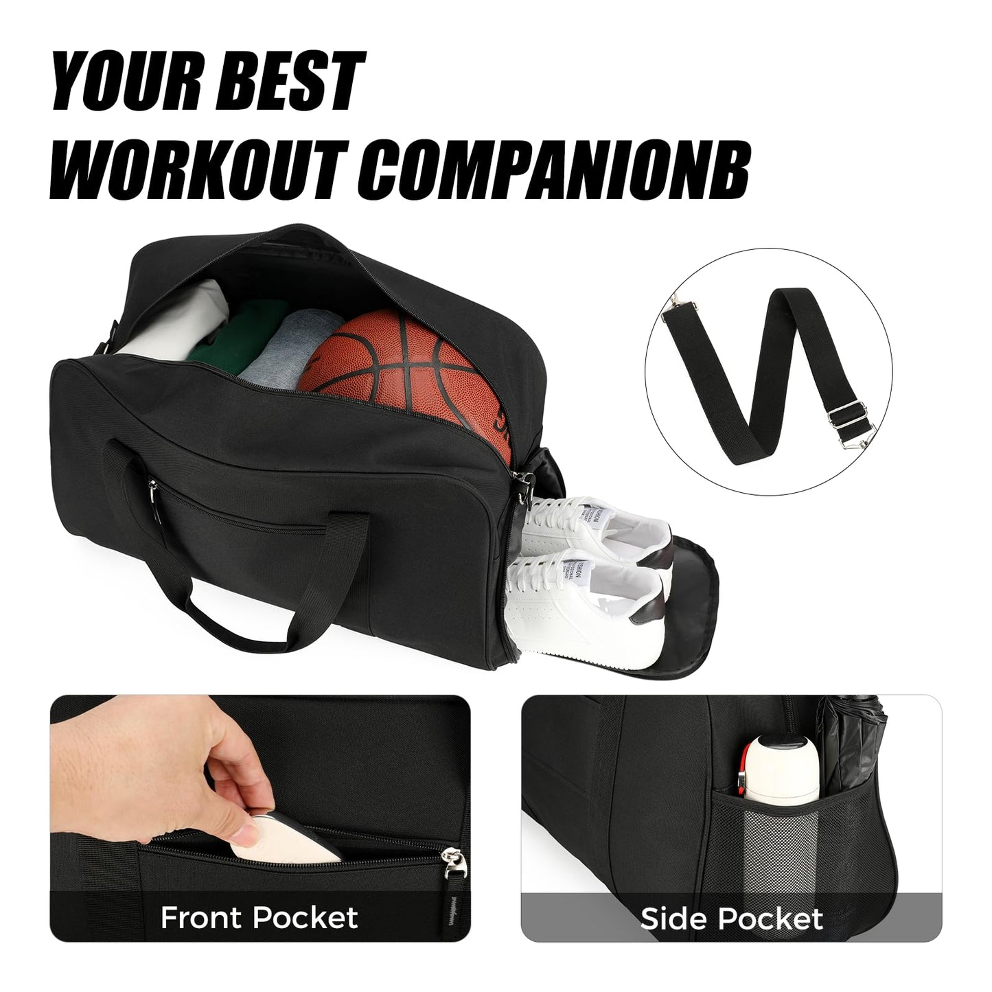 Searock 45L Gym Bag for Men & Women with Shoe Compartment, 21” Large Duffle Bag for Travel, Sports, Fitness & Workout, Black