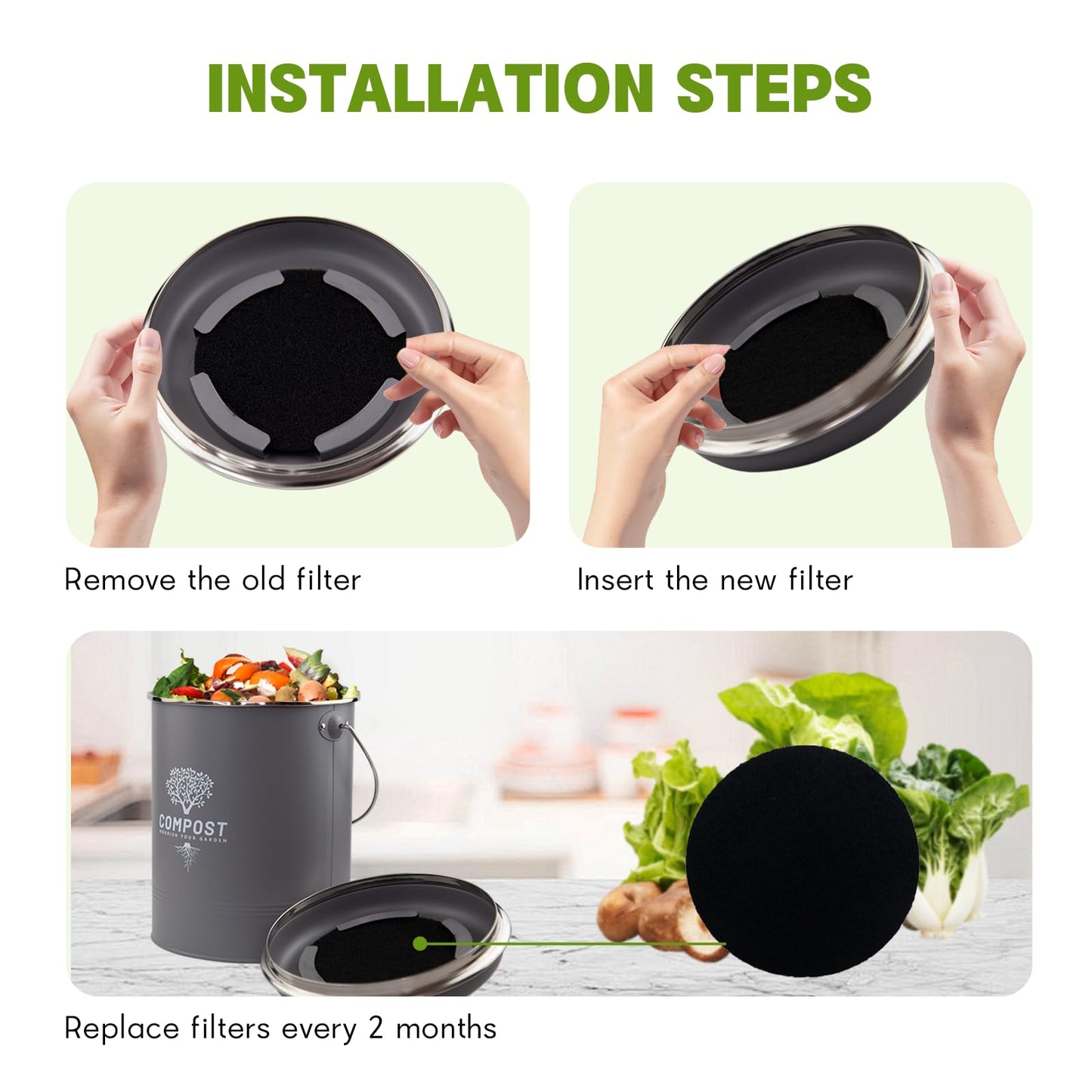 12 Pack - 6.7 Inch Round Compost Bin Charcoal Filters,Extra Thick Activated Carbon Charcoal Filters for Longer Lasting Odor Control, Fits Countertop and Home Bucket Kitchen Compost Bins (Refill)