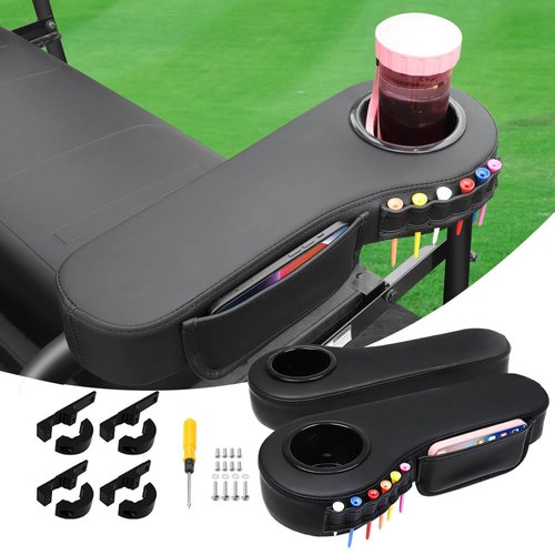 LEAPGOMAX No Drilling Golf Cart Armrest with Cup Holder Phone Bag and Golf Tees Holder for Yamaha EZGO Club Car ICON i40 i40L i40FL i40F i60 i60L i60F i80/Advanced EV Golf Carts Black