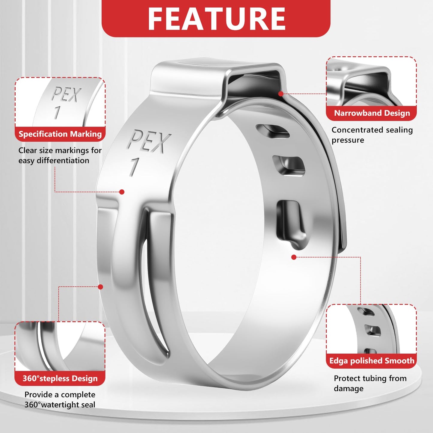 Newdeli 24pcs 1 inch Pex Crimp Rings Stainless Steel PEX Clamps Single Ear Hose Clamps Pex Fittings Cinch Pinch Clamp for Pipe Tubing Plumbing