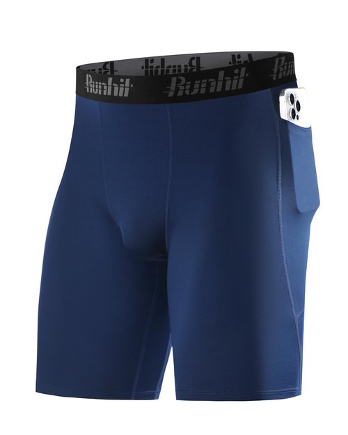 Runhit Men's Compression Shorts with Pockets – 9'' Performance Athletic Shorts for Workouts Sports Running Spandex Underwear (Navy,Medium)