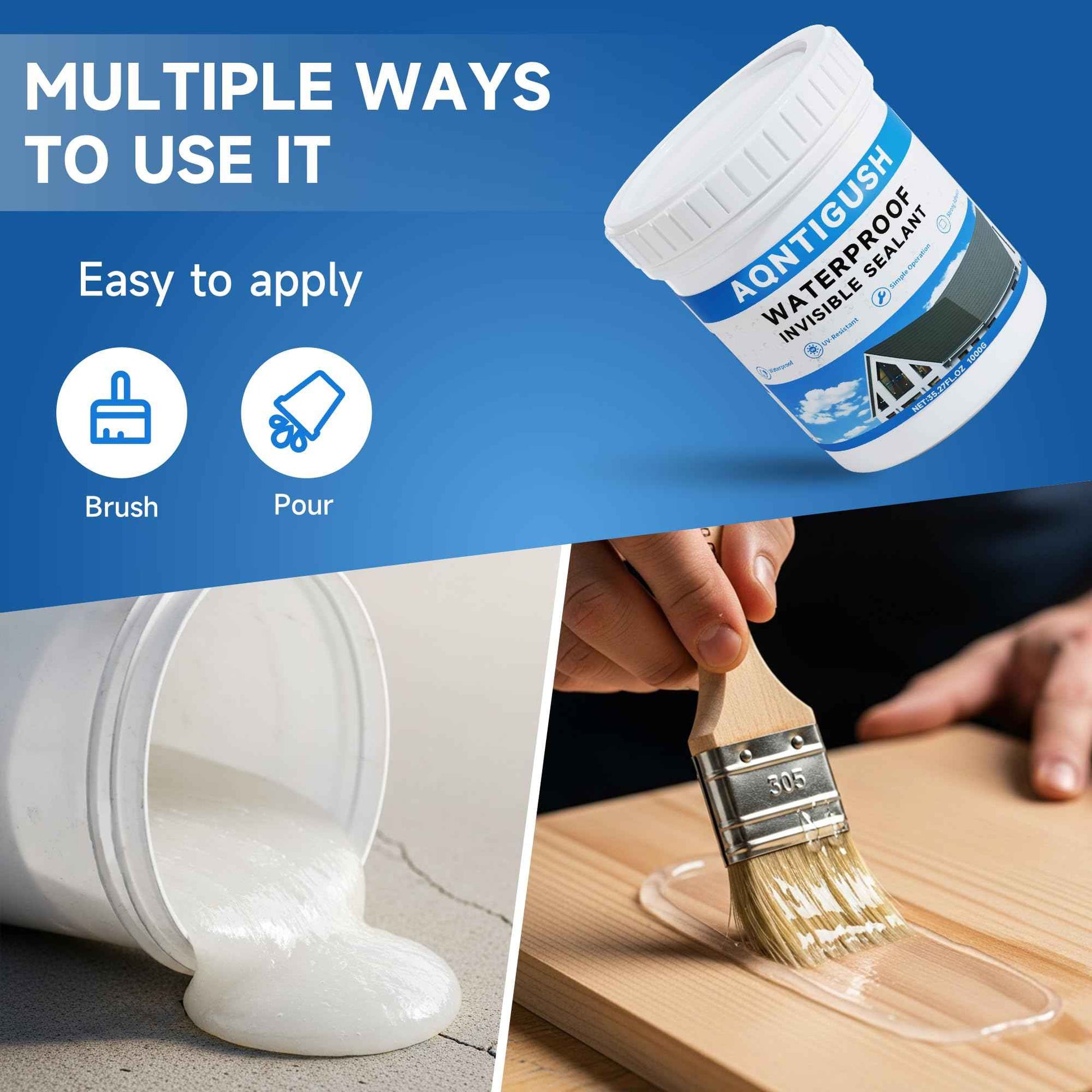 AQNTIGUSH 35oz Transparent Waterproof Sealant Coating Invisible Waterproof Agent, Waterproofing Adhesive for Roofs, Walls, Bathroom, Shower, Wood, Indoor & Outdoor Water Proof Clear Paint Sealer 1kg