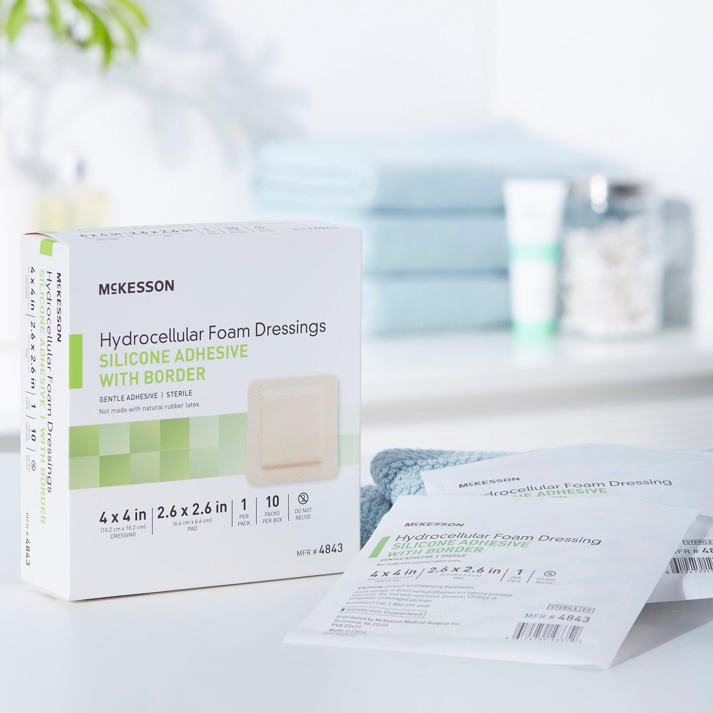 McKesson Hydrocellular Foam Dressings, Sterile, Silicone Adhesive with Border, Dimension 4 in x 4 in, Pad 3 in x 3 in, 10 Count, 1 Pack