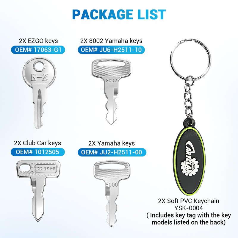 CartClan Golf Cart Keys Set (8PCS),Golf Cart Replacement Keys Suitable for Club Car/EZGO/Yamaha Golf Carts, OEM#1012505 17063-G1 JU2-H2511-00 JU6-H2511-10