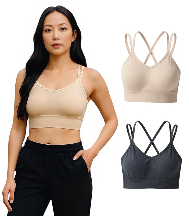 Sports Bra Sewn in Pads - Non Removable Padded Bralette for Women, Strappy Bra 2-Pack (Nude/Grey, Medium)