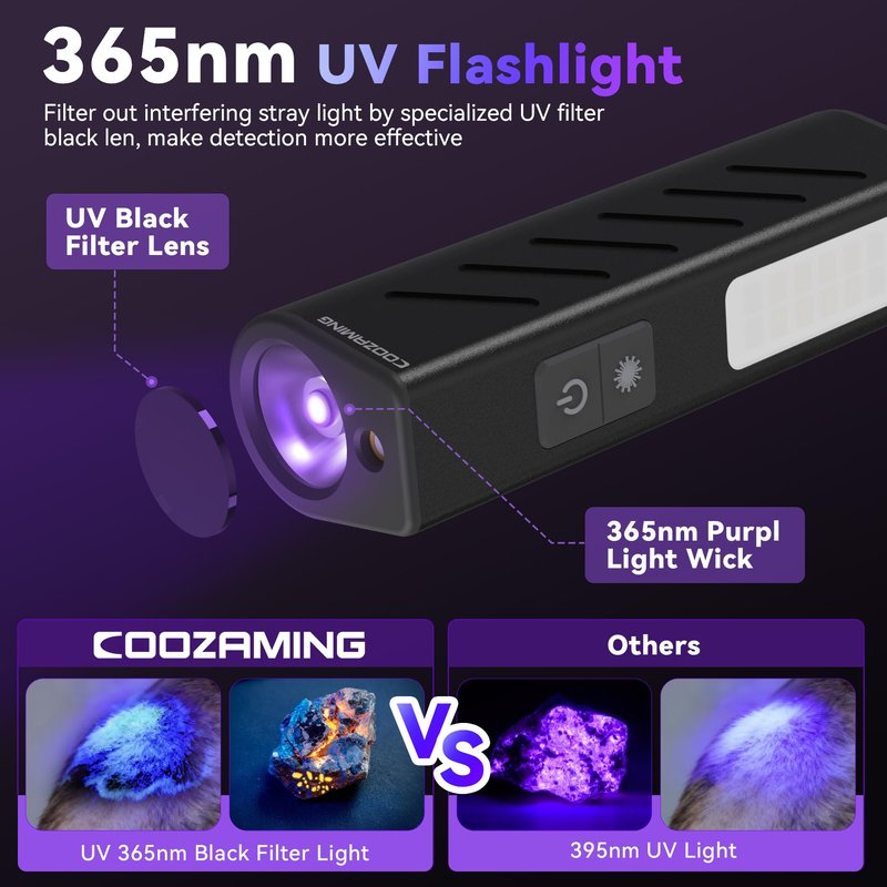 365nm UV Flashlight, EDC Rechargeable Flashlight with Black Light, Green Laser Pointer, Side Lights, 3 in 1 Mini Portable for Pet Urine Detection, Stains Detection, Cure Resin, Scorpion Detector 2Pack