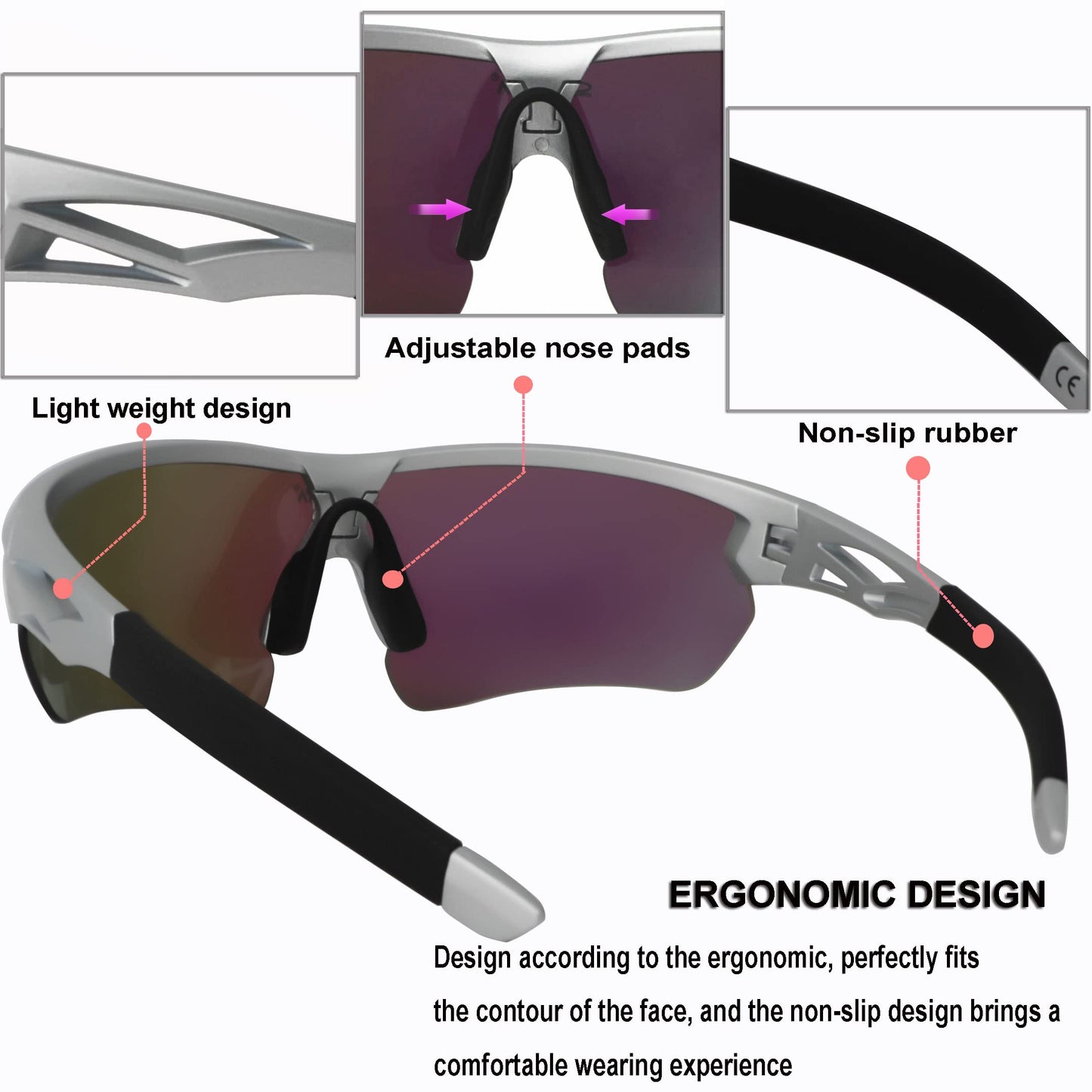 OUTDOORSPARTA Polarized Sports Sunglasses Cycling Glasses With 5 Interchangeable Lenses Driving Shades For Men & Women (6. Silver Black Frame, Full Lens Mirorred Green)