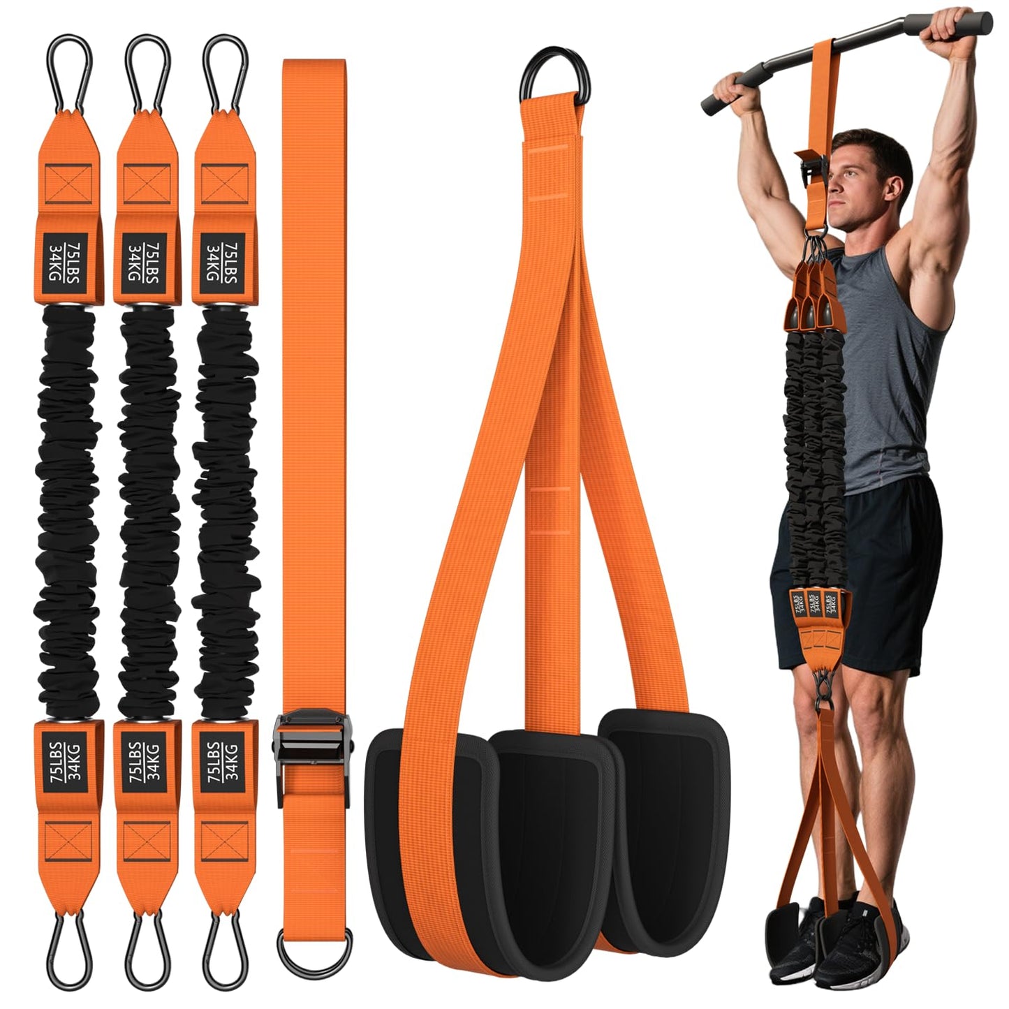 WHATAFIT Pull Up Assistance Bands,Two Foots Heavy Duty Resistance Band for Pull Up Bar, Adjustable Weight/Size with Fabric Feet/Knee Rest, Bands for Pull Up Assist for Strength Training, Pull Up
