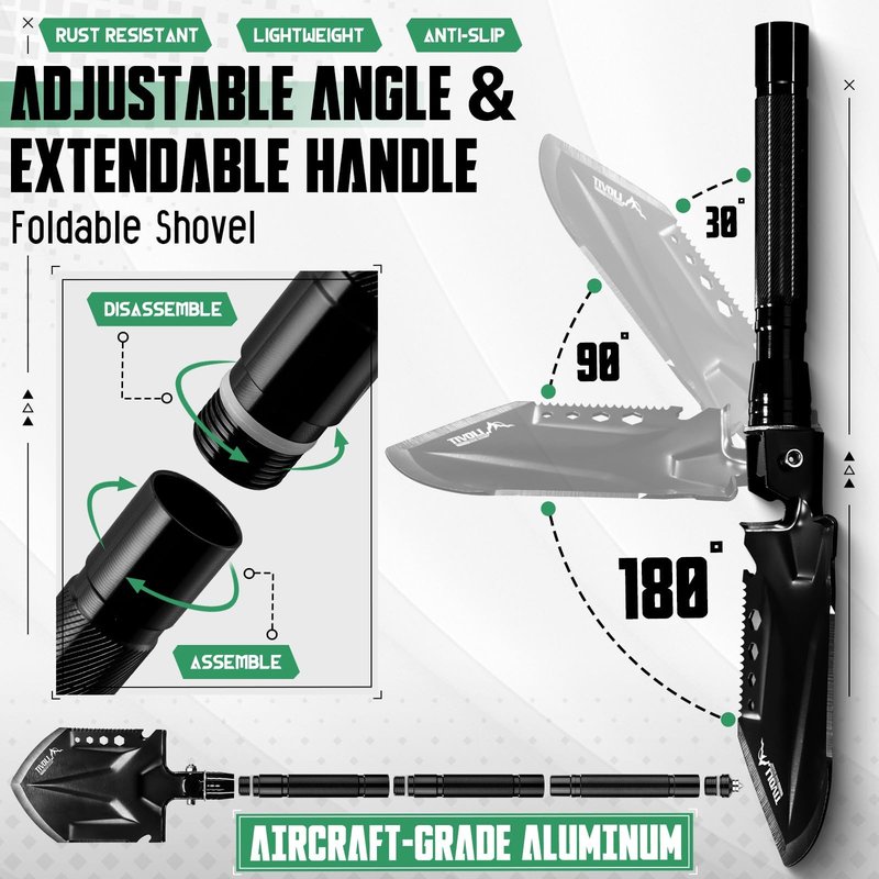 Tivoli Folding Camping Shovel Kit,Multifunctional Tactical Survival Shovel with Manganese Steel for Outdoor Off Road, Hiking, Bushcraft,Car Emergency,Entrenching Tool with Storage Case,Ideal Gift