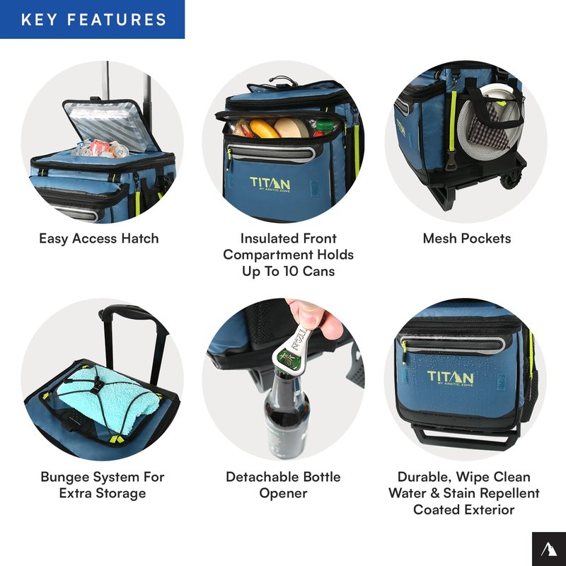 Titan by Arctic Zone Collapsible Wheeled Soft Sided Cooler with Detachable Rolling AT Cart, Insulated Bag with Leak Proof Lining, for Travel, Beach, Picnic, 60 Can Capacity, Marine Blue