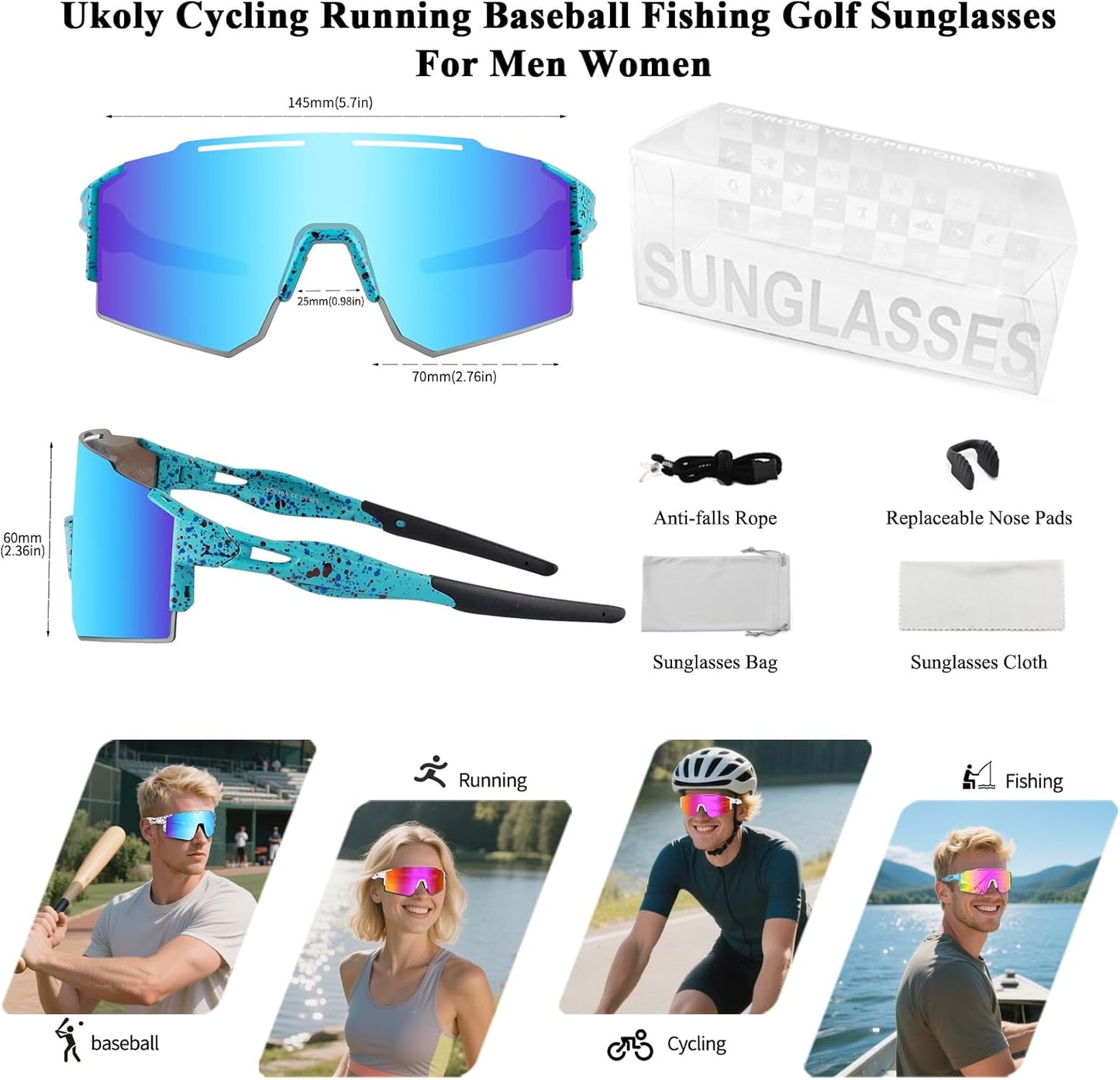 Ukoly Cycling Sunglasses - Polarized Sports Eyewear with 3 Interchangeable Lenses for Men & Women