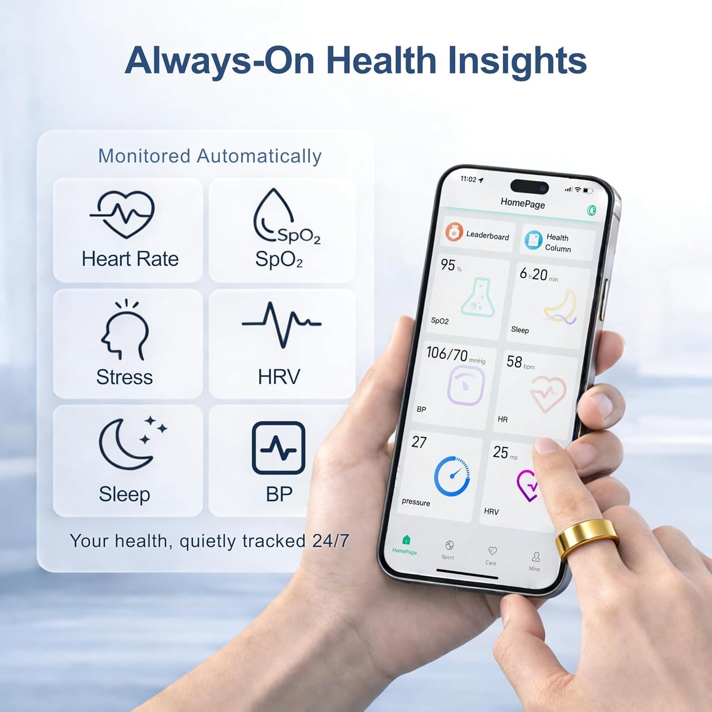 Smart Ring - Health & Fitness Tracker for Men & Women | Heart Rate, SPO₂, Sleep Monitoring - Gold, Size 8