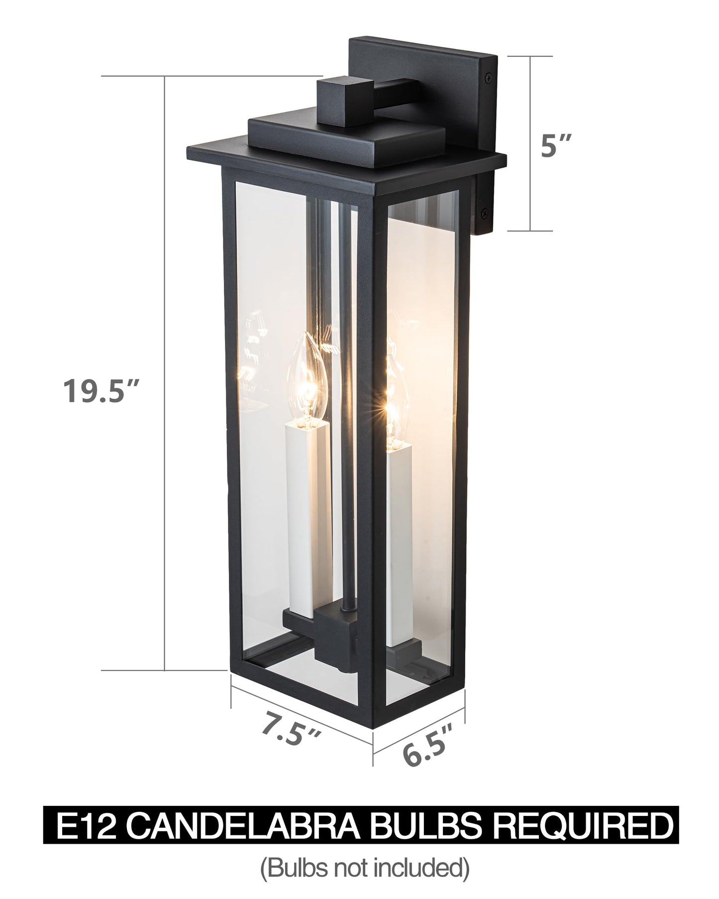 OUPAVOCS Outdoor Wall Lights, Large Porch Lights Fixture Wall Mount, Black Exterior Wall Sconce with Clear Glass, White Candelabra, Waterproof Outside Patio Light Fixture for House, Garage